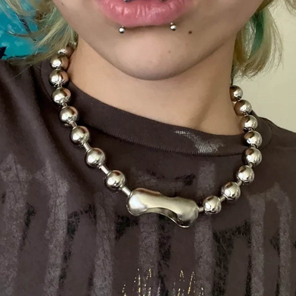 Grunge Y2K Statement Oversized 10mm Ball Chain Choker Necklace Silver Plated Gothic Chunky Jewelry