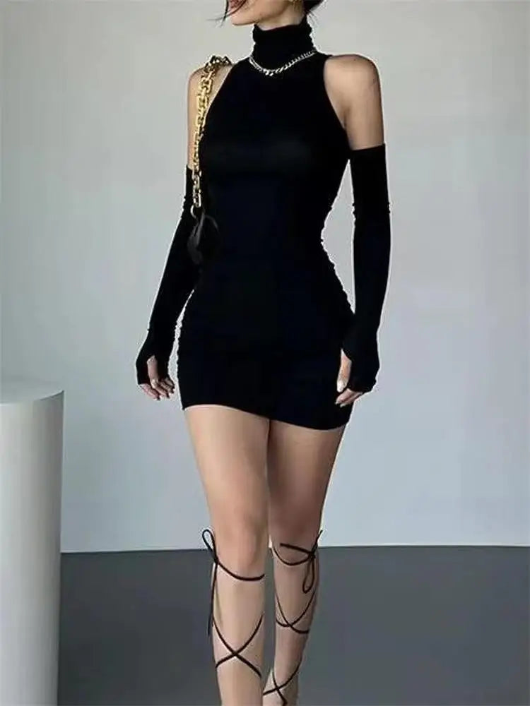 Sexy Black Ruched Bodycon High Polo Turtle Neck Clubwear Party Mini Dress