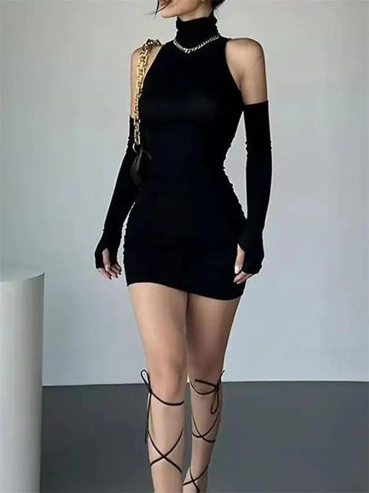 Sexy Black Ruched Bodycon High Polo Turtle Neck Clubwear Party Mini Dress