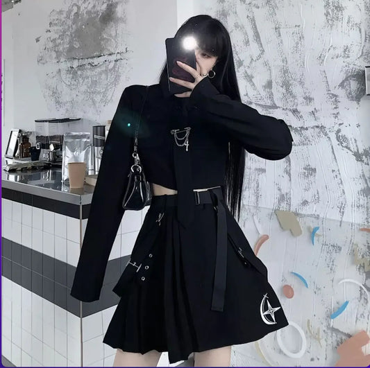Alternative Gothic Punk Suit 2 Piece Black Cargo Utility Skirt and Shirt with Tie