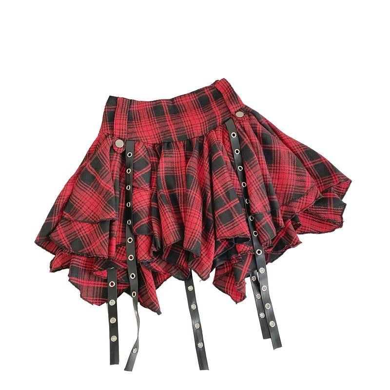 Punk Emo Black White Red Tartan Plaid Handkerchief Skirt