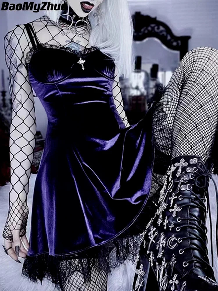 Velvet Gothic Sexy Purple Lace Mini Dress