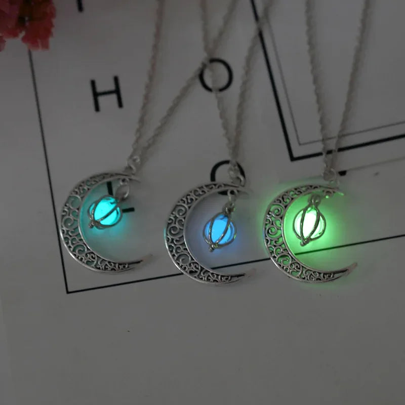 Crescent Moon Pendant Luminous Glow In The Dark Chain Moonstone Necklace