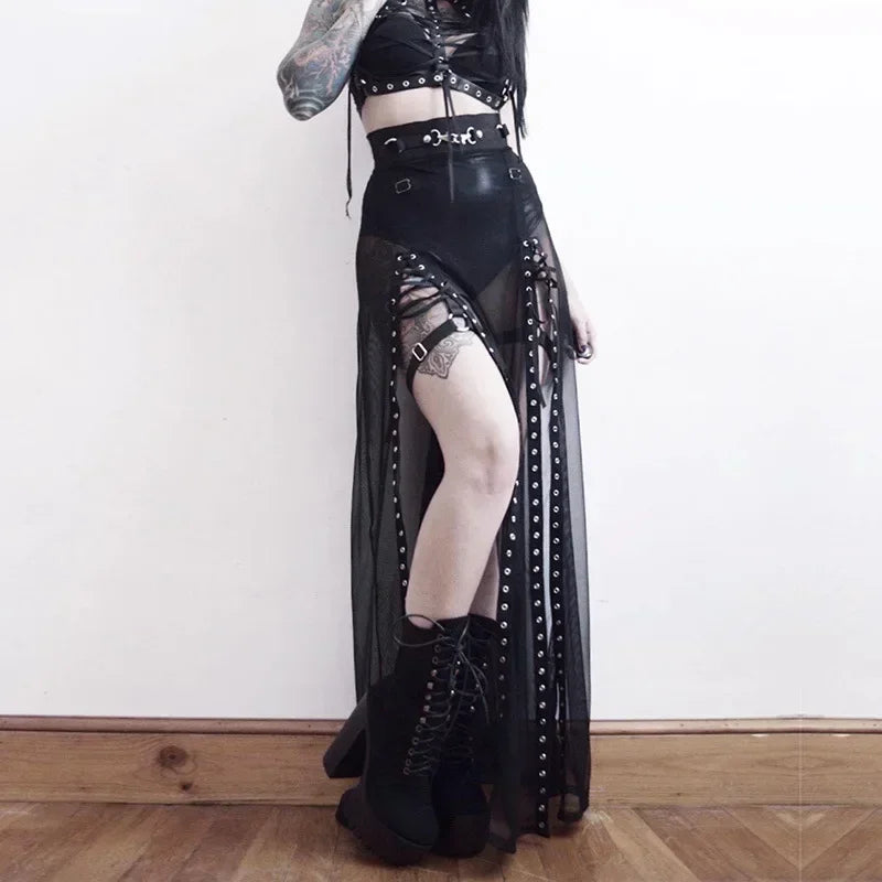 Punk Black Gothic Sexy Long Split Sheer Mesh Skirt Clubwear Rave