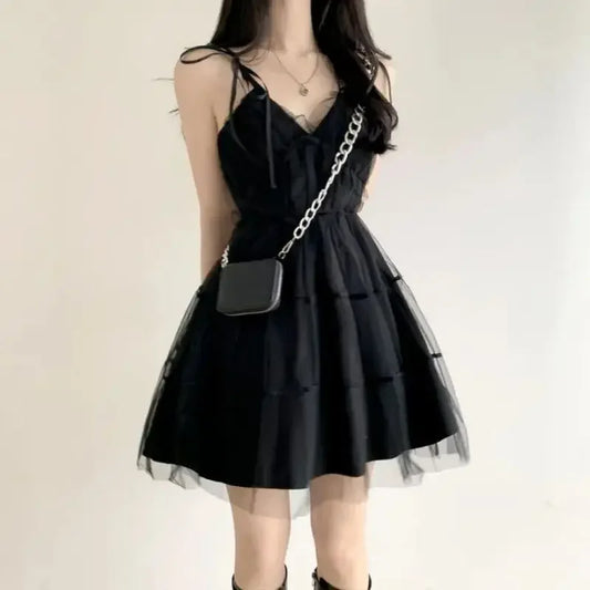 Cute Black Gothic Summer Party Net Dress