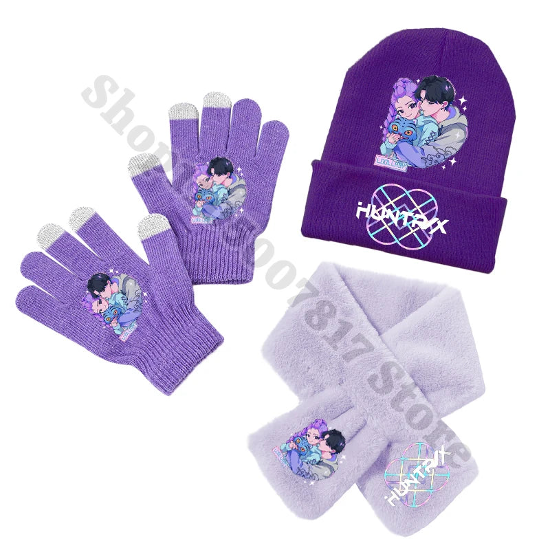 KPop Demon Hunters Kids Winter Knitted Hat Scarf Gloves Set Saja Boys K-pop Merch Huntrix Gifts