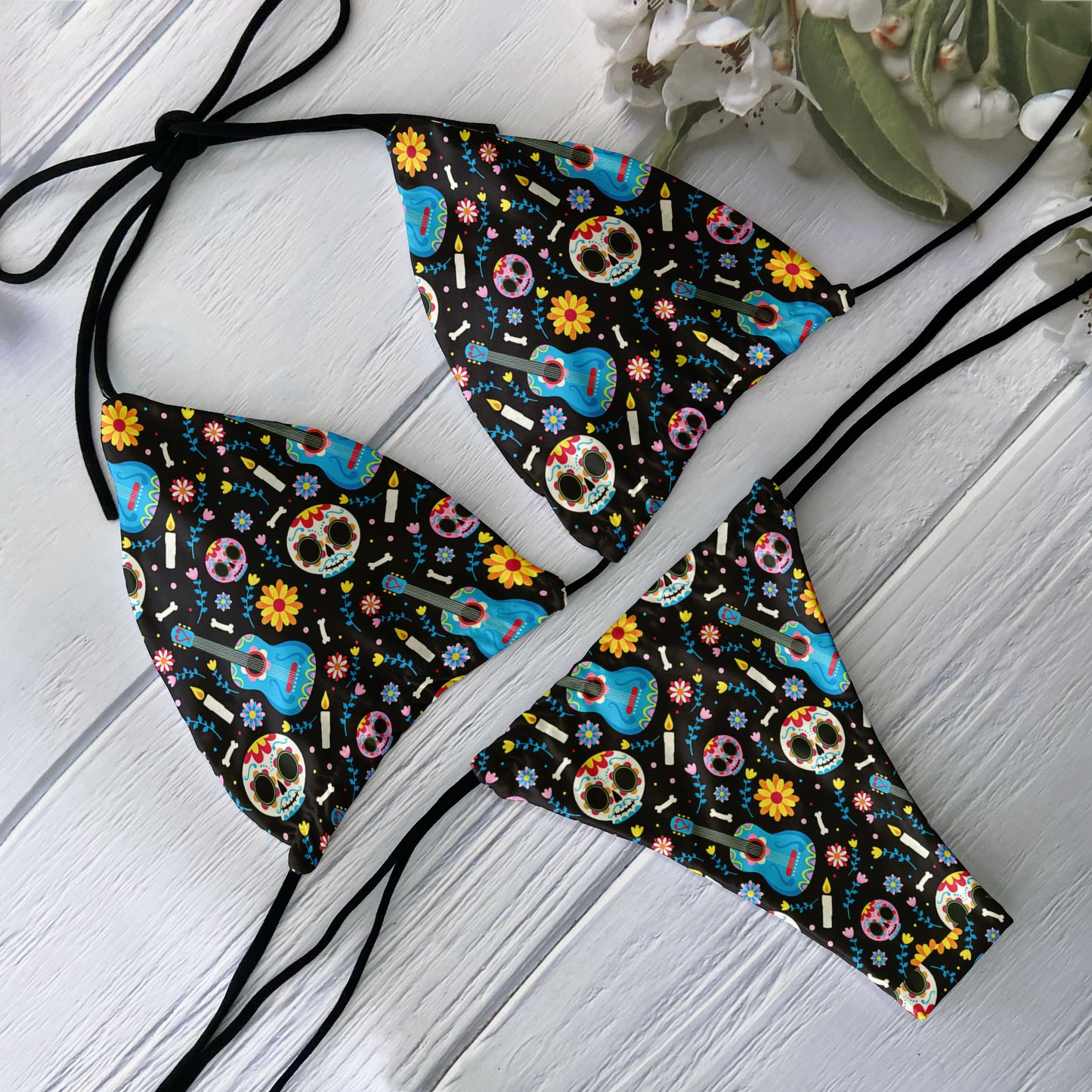 Sexy Halloween Gothic Skeleton Print Halter Bikini Swimwear