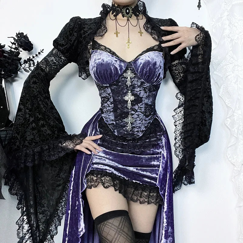 Purple Victorian Goth Velvet Long Lace Gothic Dress