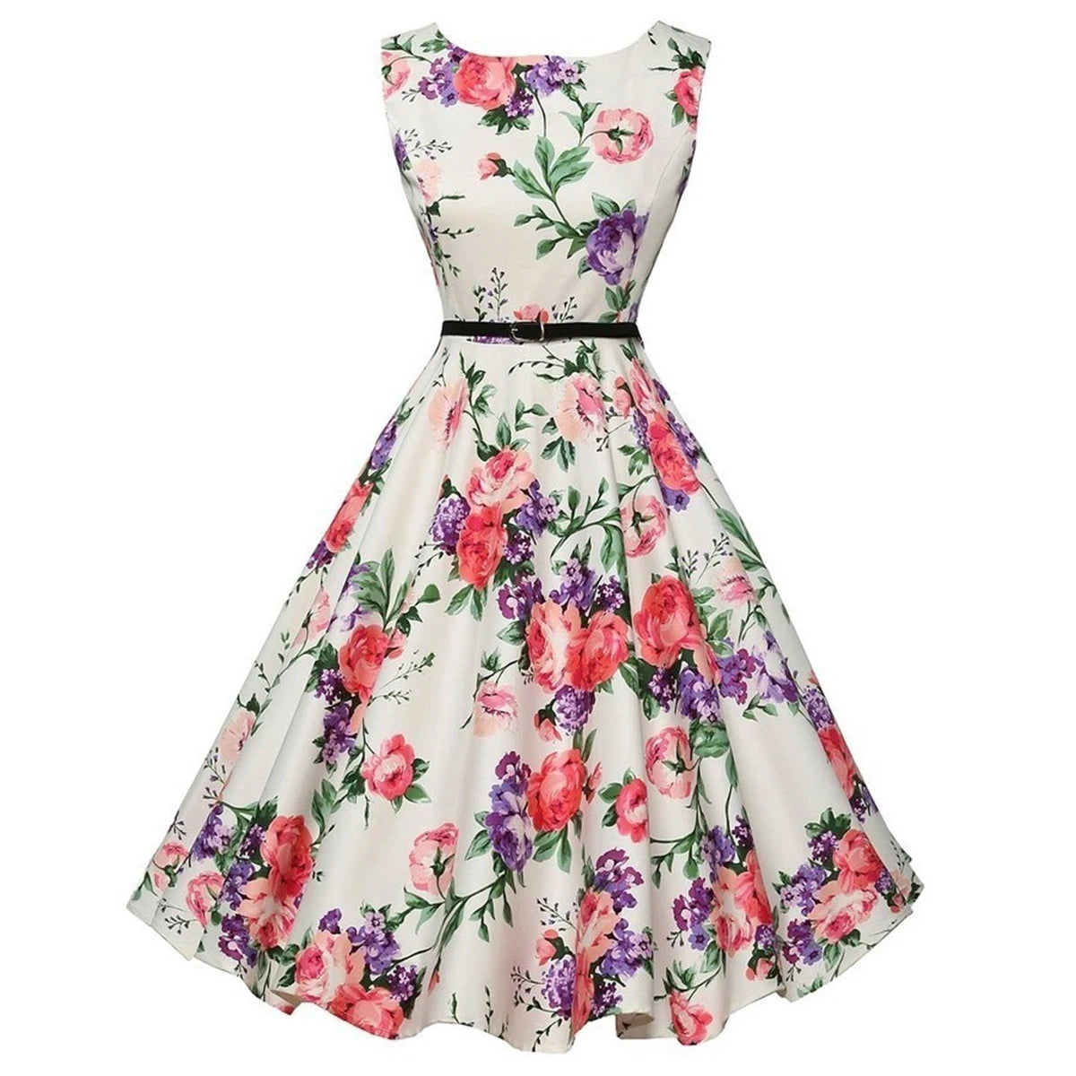 Vintage White Floral Summer Dress Swing Casual 1950s Rockabilly Dresses Flowers Party