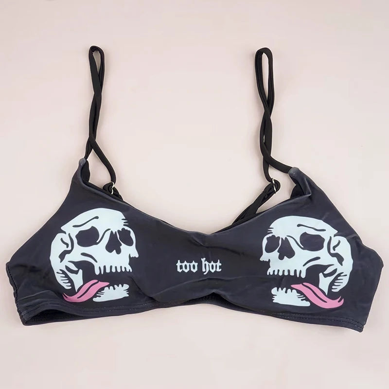 Sexy Punk Bikini Swimsuit Black 2 Piece Swimwear with Gothic Skull Print