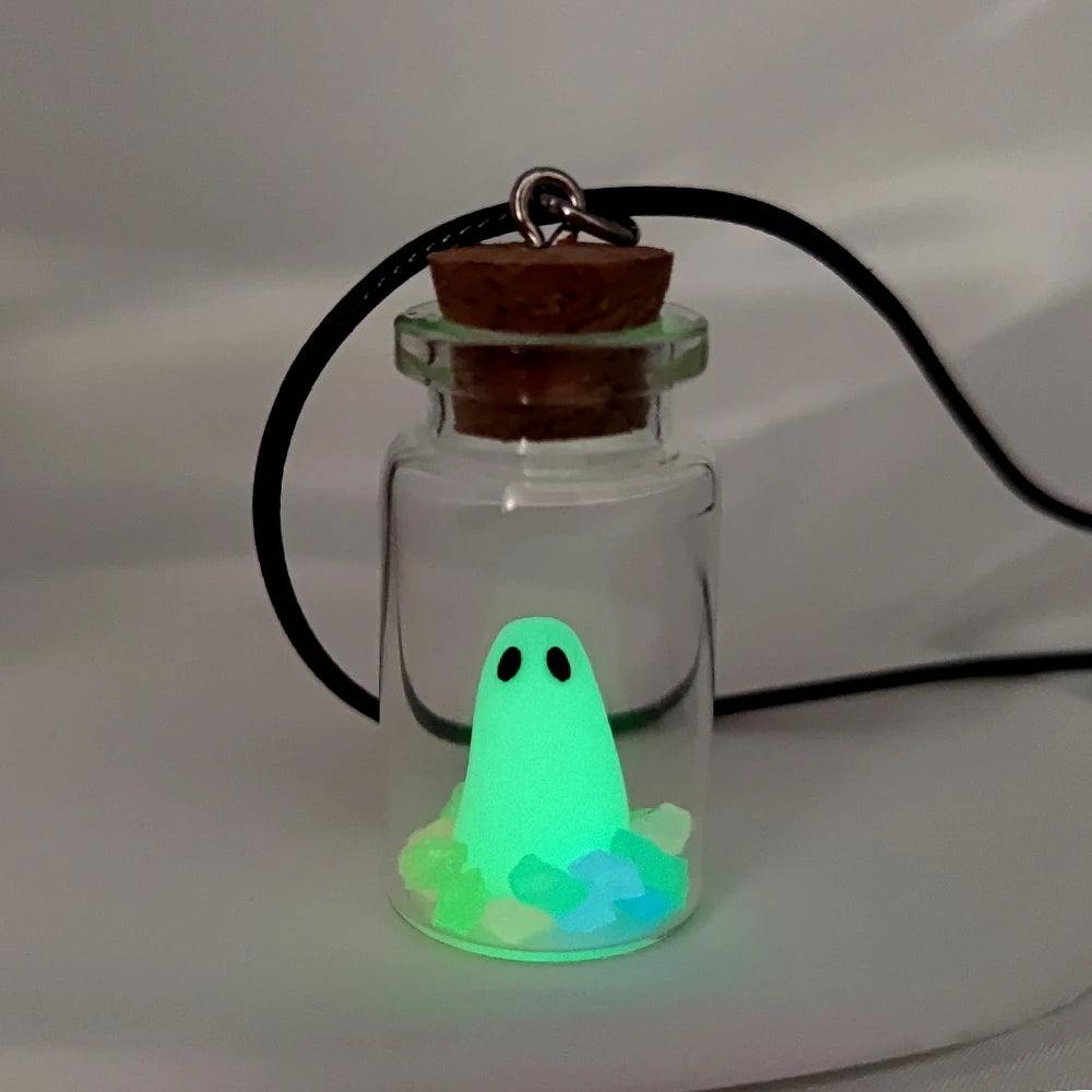 The Adopt A Ghost Necklace, Glow-In-The-Dark Halloween Necklace, Tiny Ghost in A Bottle Pendant Necklace