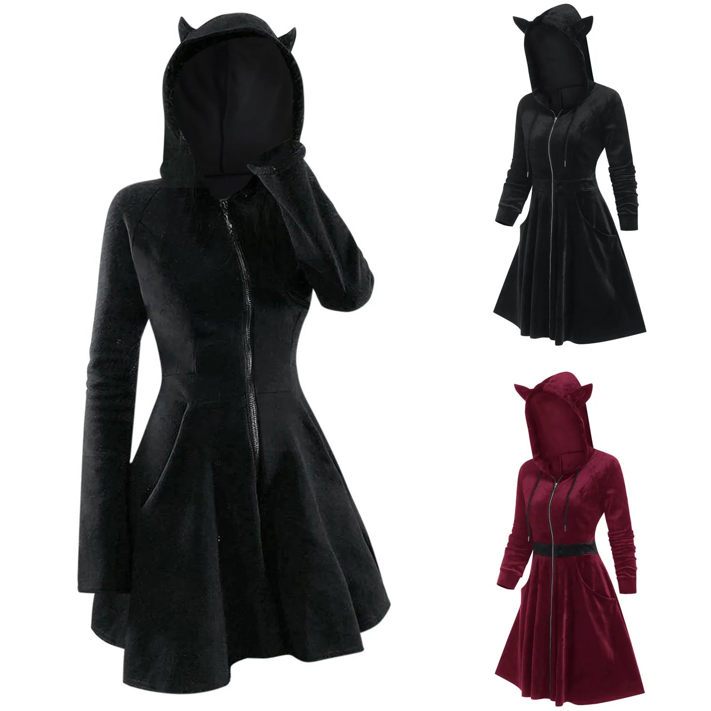 Black Gothic Medieval Horn Hooded Dress Zip up