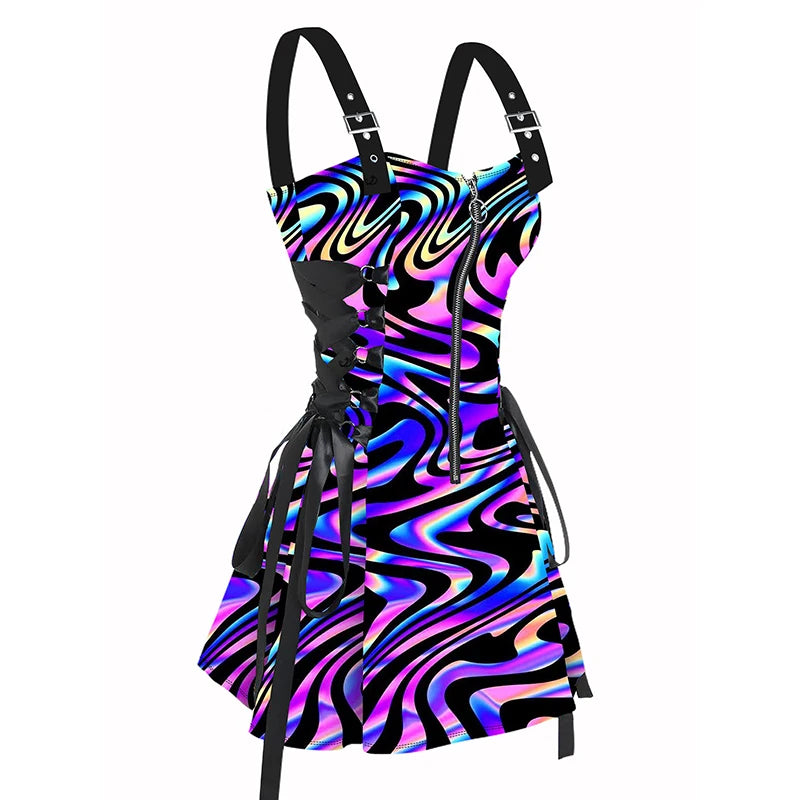 Punk Alternative Buckle Strap Lace up Mini Dress