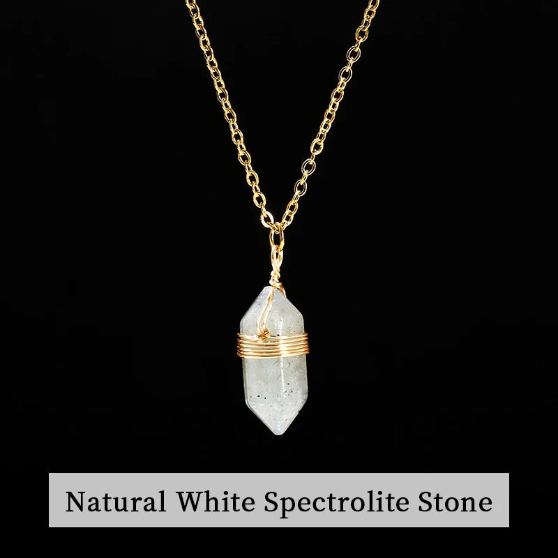 Crystal Pendant Necklace Handmade Stainless Steel Gift Pink Quartz Amethyst Hexagon