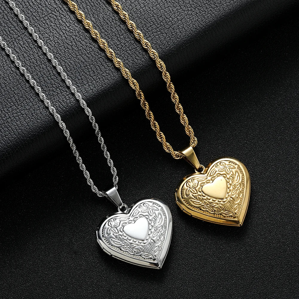 Stainless Steel Locket Heart Pendant Necklace Victorian