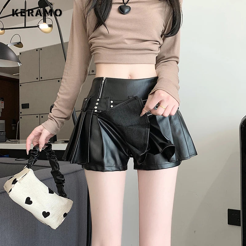 Sexy Black PU Leather Pleated Mini Skirt Skort Clubwear