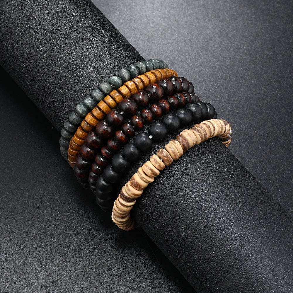 6pcs/set Fashion Men's Hand-beaded Bracelet Vintage Style Multi-layer Stretch Wood Bead Shell Charm Bracelet