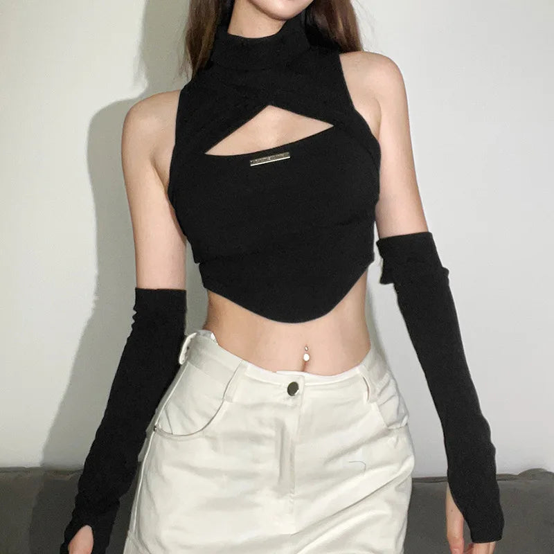 Black Gothic Turtleneck Y2K Crop Top Arm Warmers