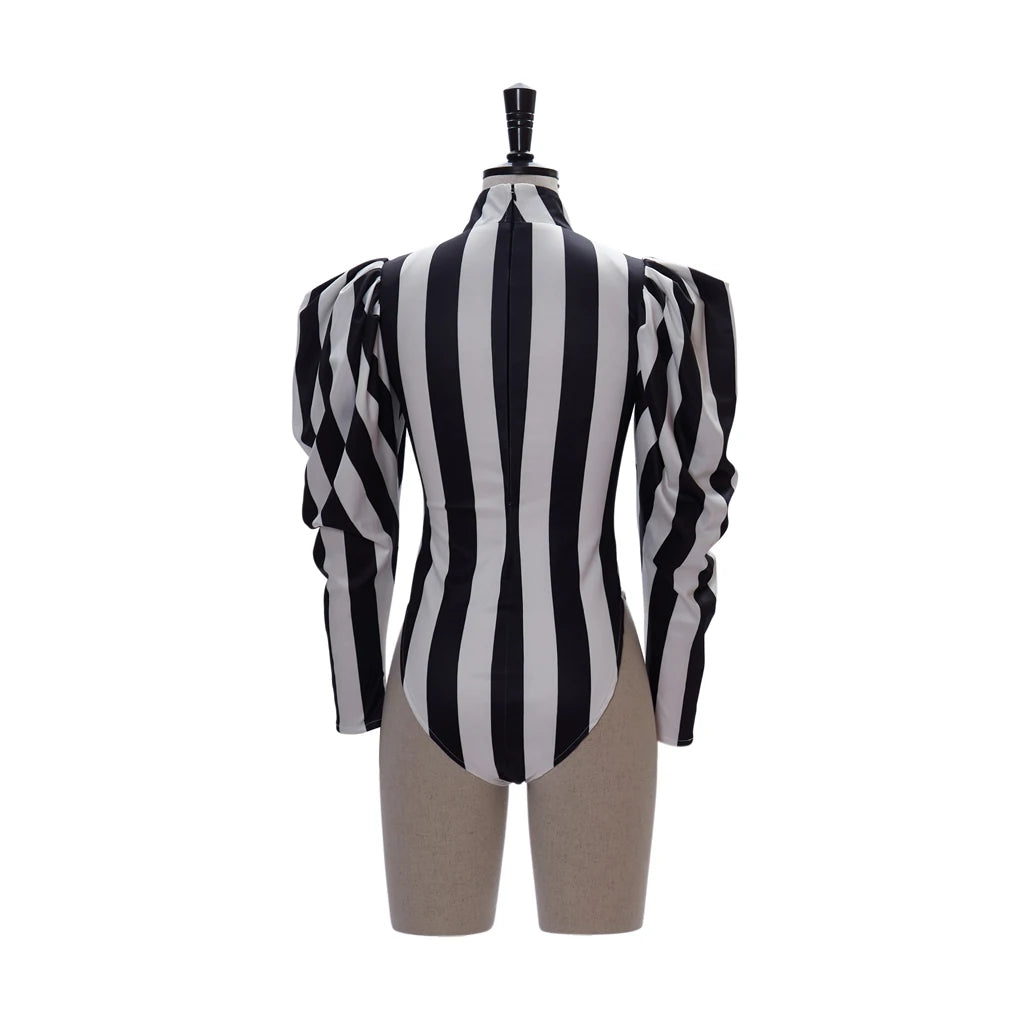 Sexy Gothic Black White Striped Bodysuit Cosplay Halloween Fancy Dress