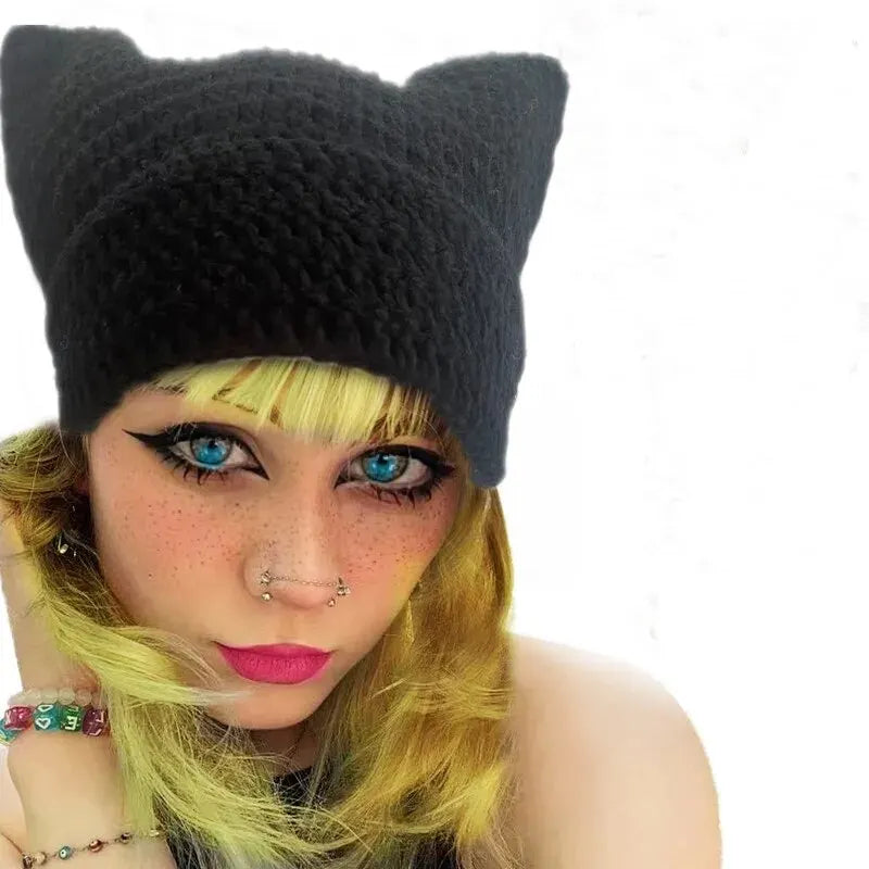 Fashion Crochet Cat Ear Beanie Knitted Emo Y2K Slouch Hat