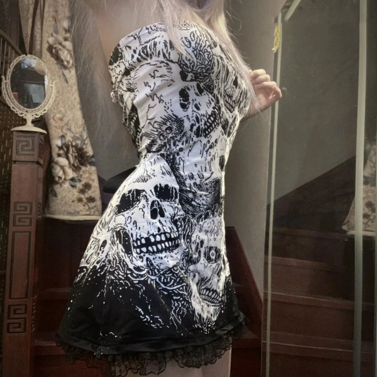 Gothic Sexy Skull Print Strapless Party Mini Dress