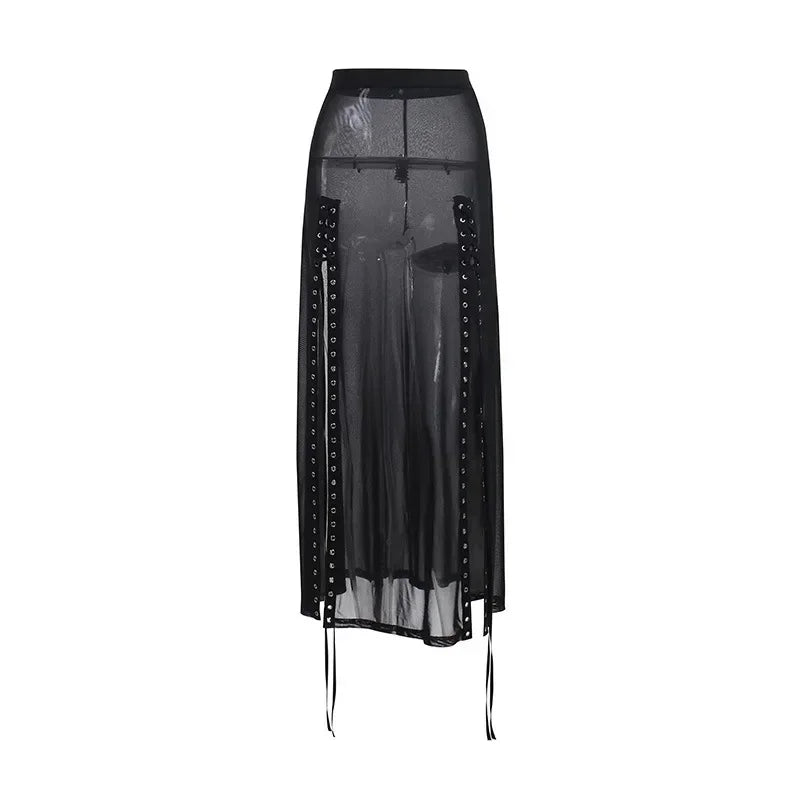 Punk Black Gothic Sexy Long Split Sheer Mesh Skirt Clubwear Rave