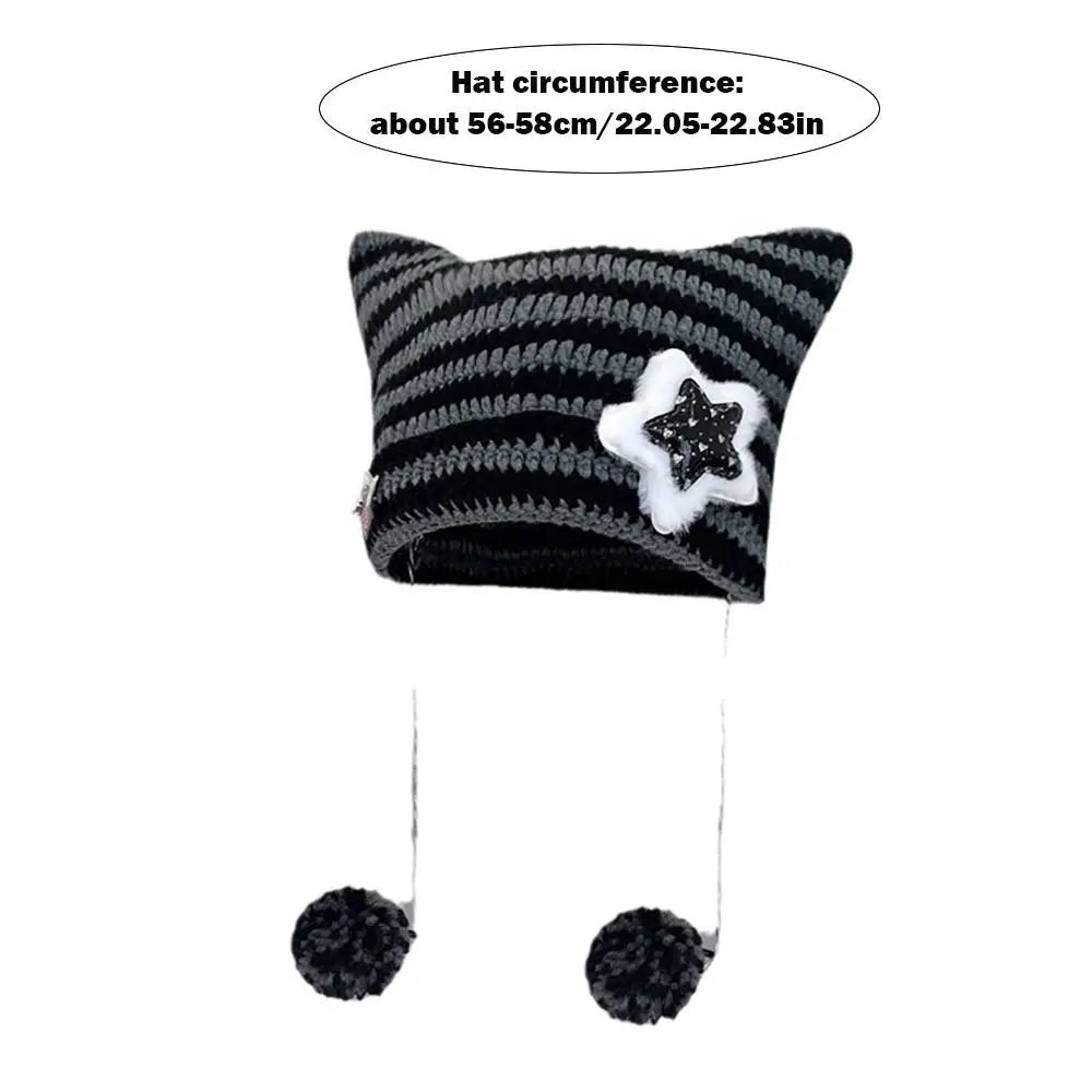 Cat Ears Pointed Striped Devil Star Knit Emo Pom Pom Beanie Hat