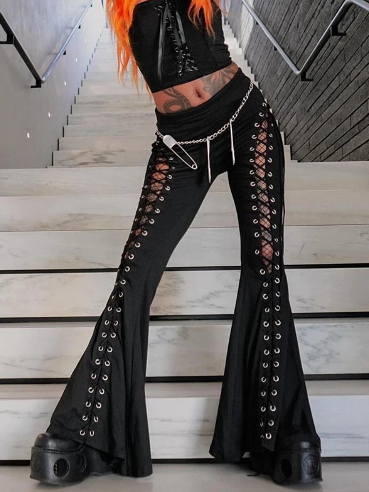 Gothic Pants Black Cyber Punk Lace Up High Waist Flare Pants Rockstar Trousers