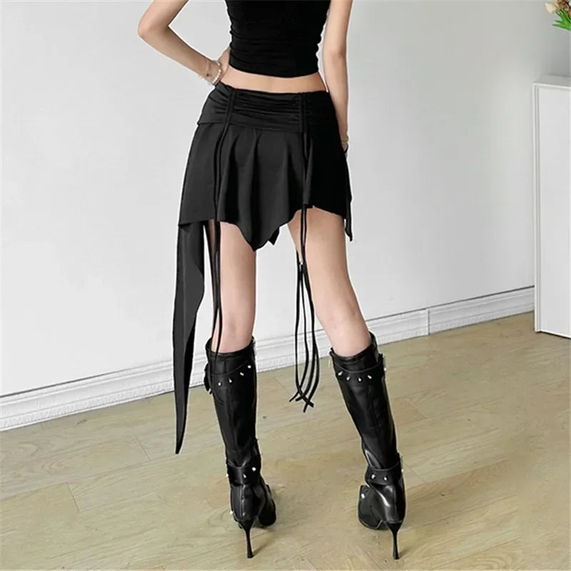 Gothic Punk Hipster Mini Skirt Dropped Waist Drawstring
