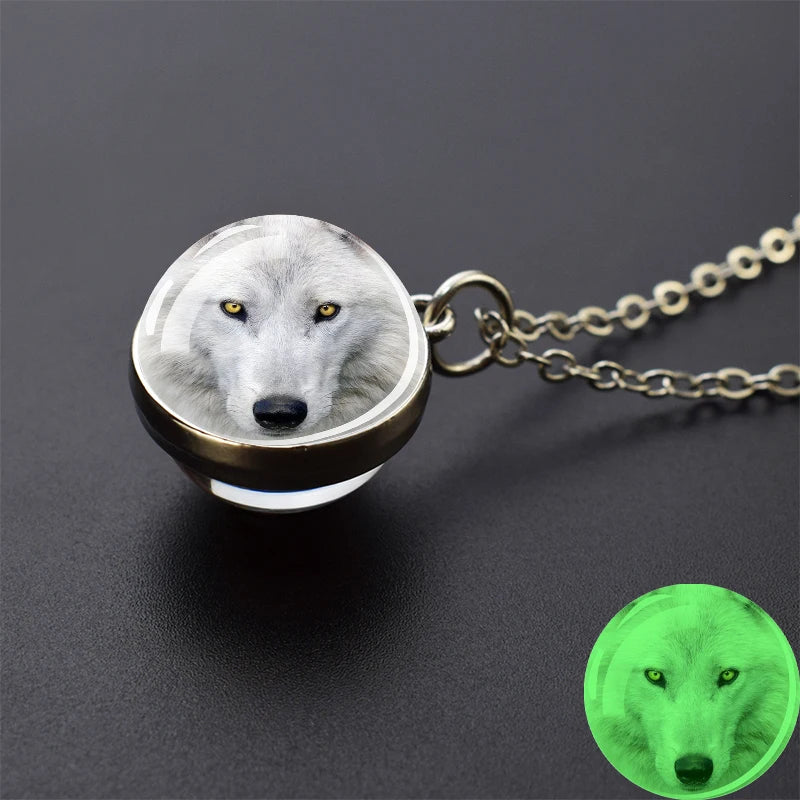 Glow in the Dark Wolf Necklaces Howling Wolf Head and Moon 2CM Glass Ball Pendant Double Sided