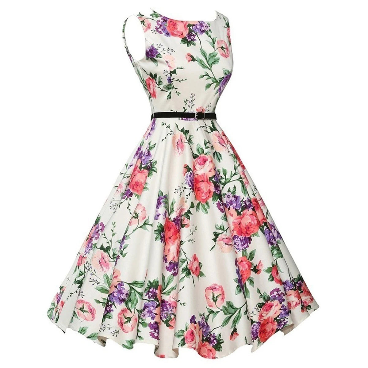 Vintage White Floral Summer Dress Swing Casual 1950s Rockabilly Dresses Flowers Party