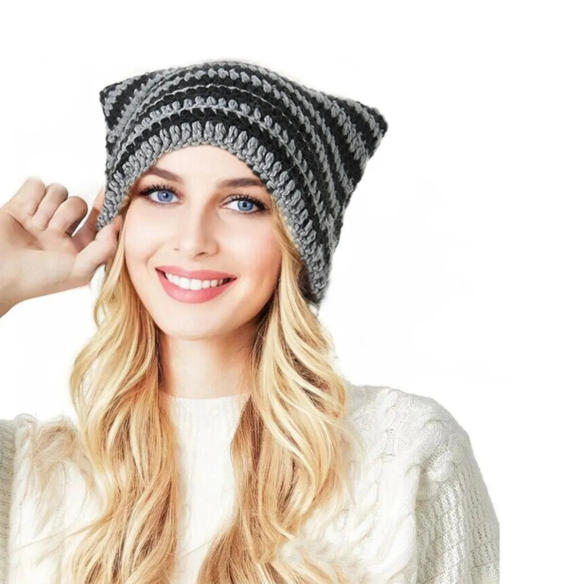 Fashion Crochet Cat Ear Beanie Knitted Emo Y2K Slouch Hat