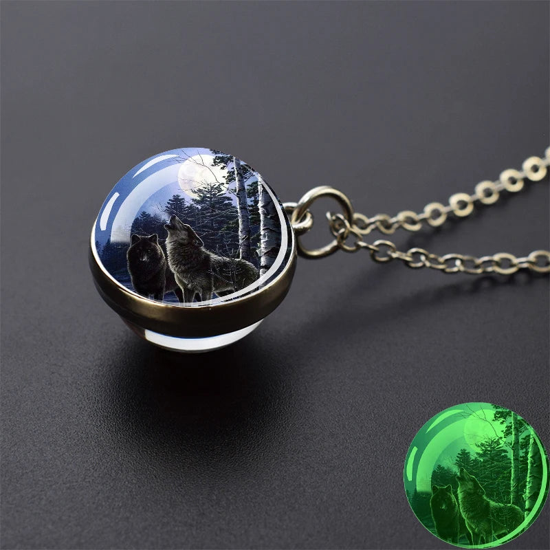 Glow in the Dark Wolf Necklaces Howling Wolf Head and Moon 2CM Glass Ball Pendant Double Sided