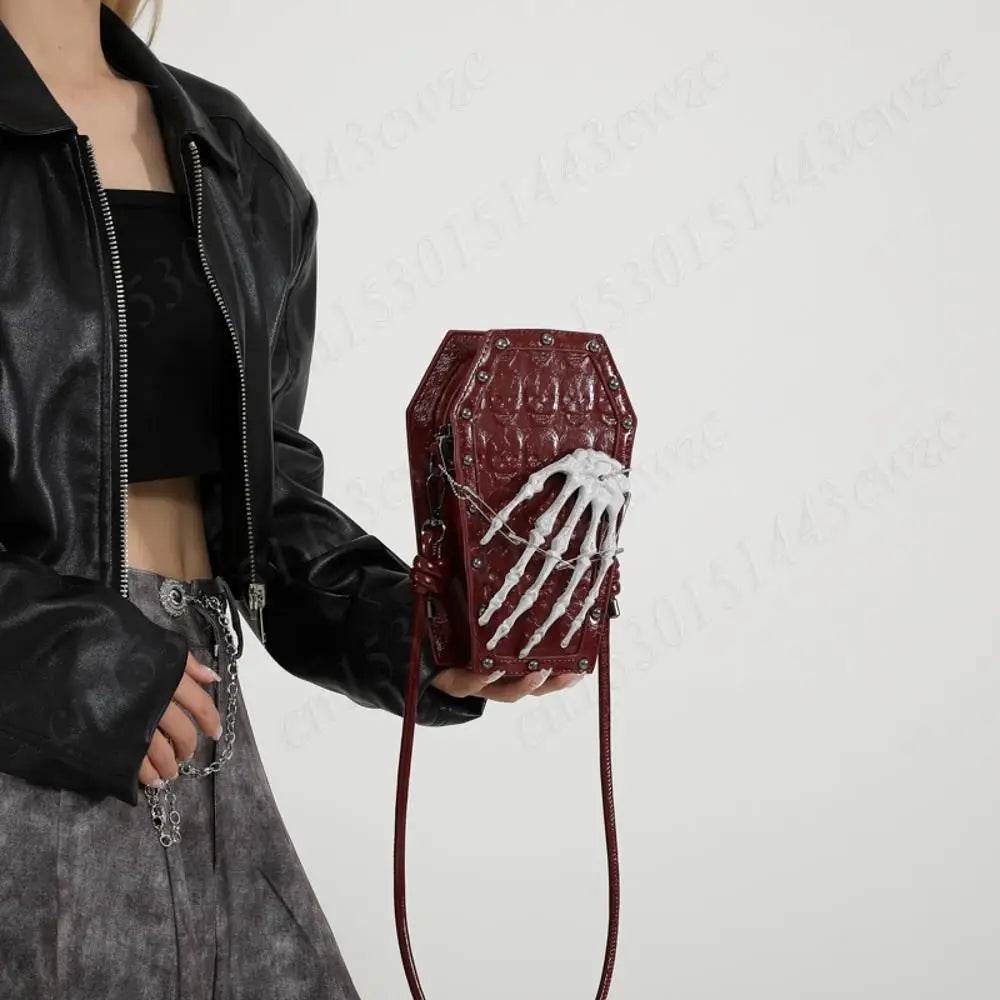 Punk Skull Shoulder Bag PU Leather Retro Gothic Cell Phone Purse Coffin Shape Handbag
