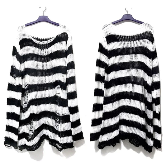 Punk Gothic White Black Loose Knit Long Unisex Sweater Alternative Striped Ripped Jumper