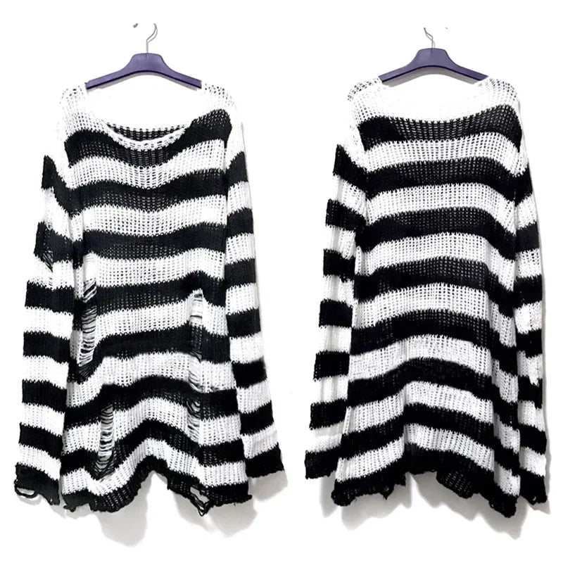 Grey Black Gradient Striped Punk Gothic Long Unisex Sweater Ripped Jumper