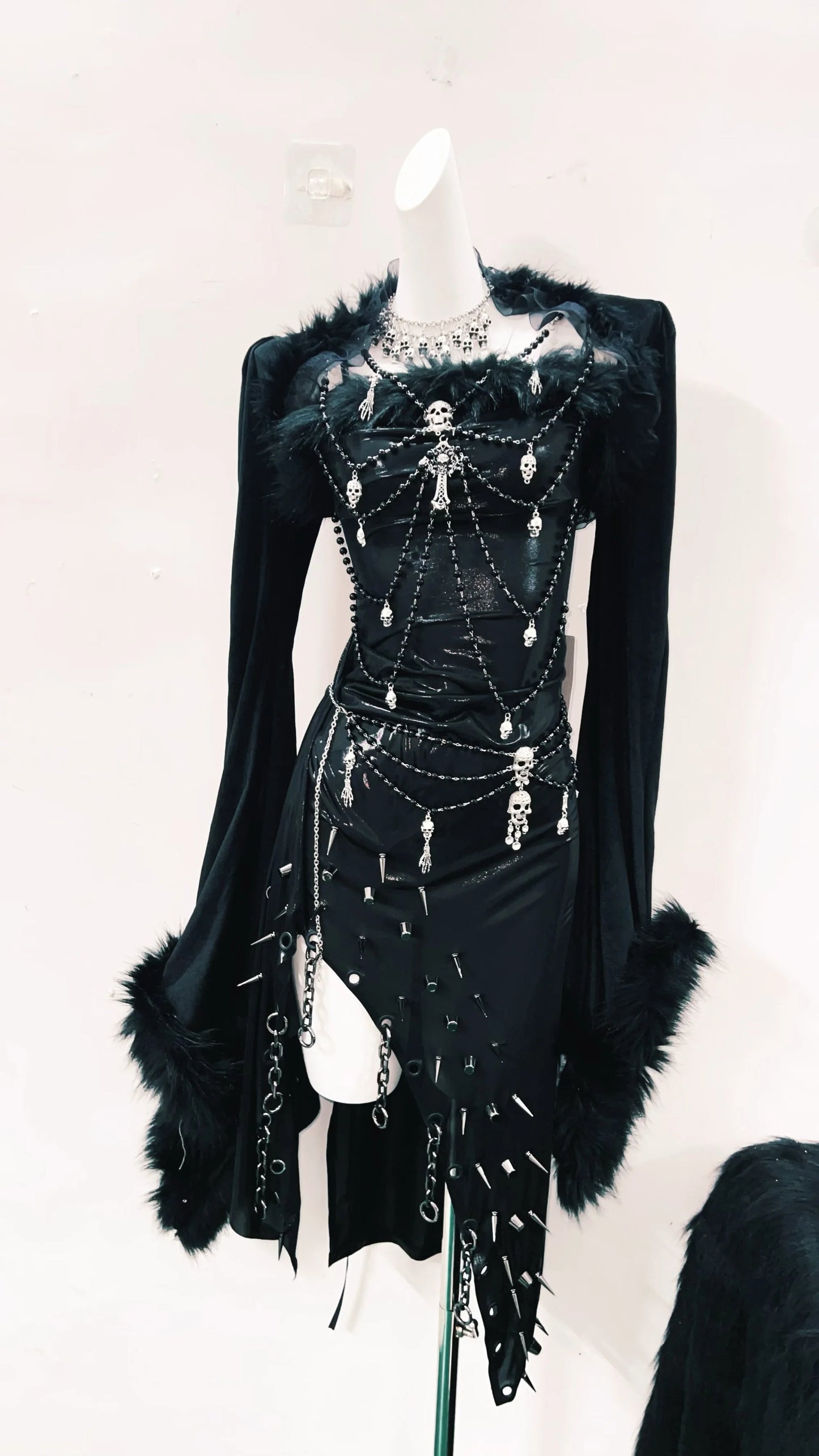 Unique Gothic Alternative Black Skull Studded Spike Asymmetrical Dress