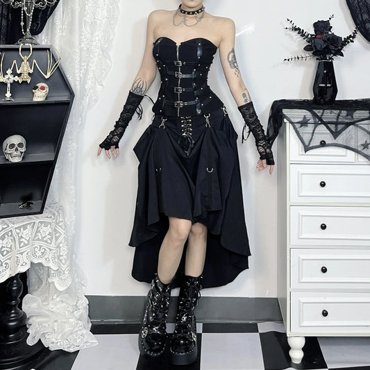 Alternative Punk Gothic Black Swing A-line Metal Buckle Skirt