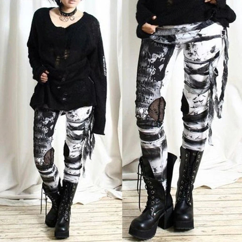 White Black Women's Gothic Steampunk Printed Mesh Spliced Leggings Jeggings Grunge Trousers