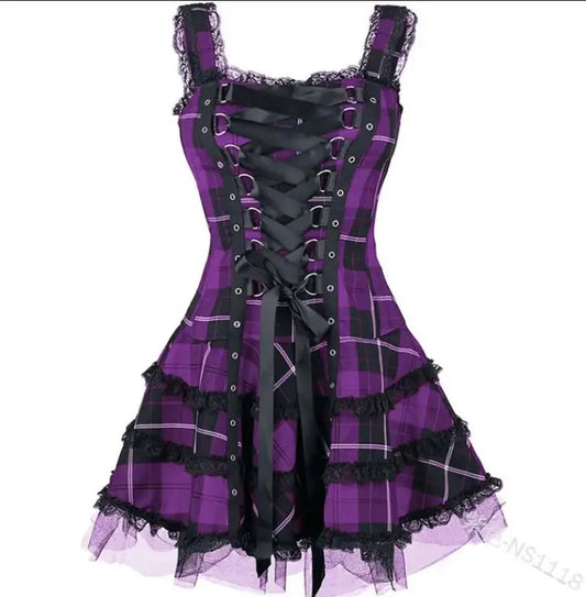 Lolita Gothic Punk Purple Tartan Plaid Dress
