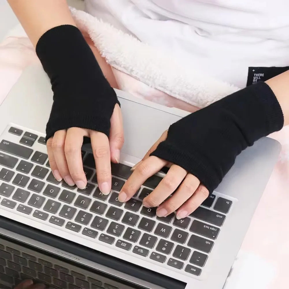 Unisex Black Short Fingerless Gloves Cuffs Mittens