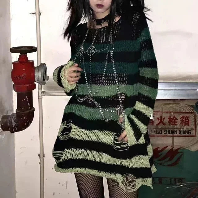 Grey Black Gradient Striped Punk Gothic Long Unisex Sweater Ripped Jumper