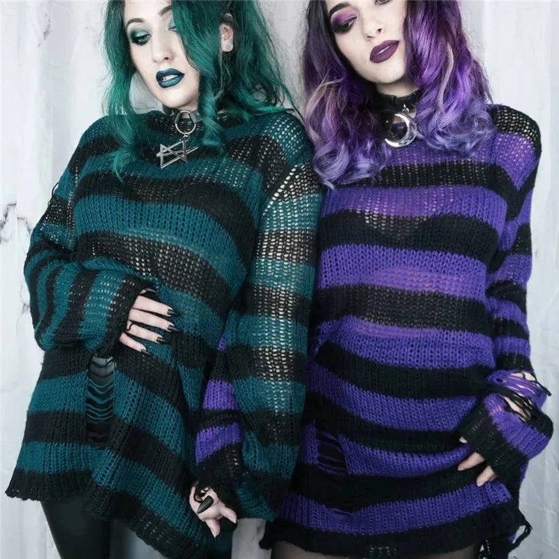 Pink White Punk Gothic Long Unisex Sweater Striped Jumper