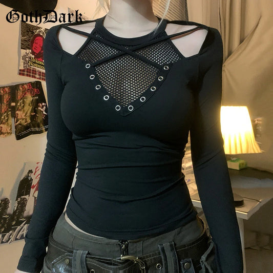 Emo Goth Dark Techwear Black Top Fishnet Gothic Clothing Long Sleeved Top TShirt