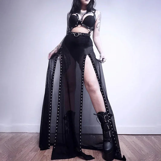 Punk Black Gothic Sexy Long Split Sheer Mesh Skirt Clubwear Rave