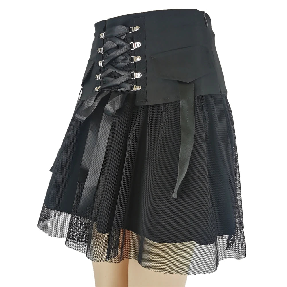 Gothic Black Lace up Chiffon Skirt