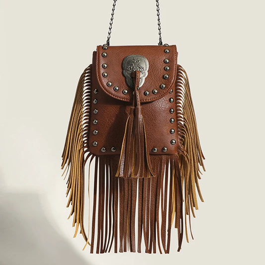 Boho Hippie Punk Skull Tassel Riveted Leather Shoulder Bag Handbag
