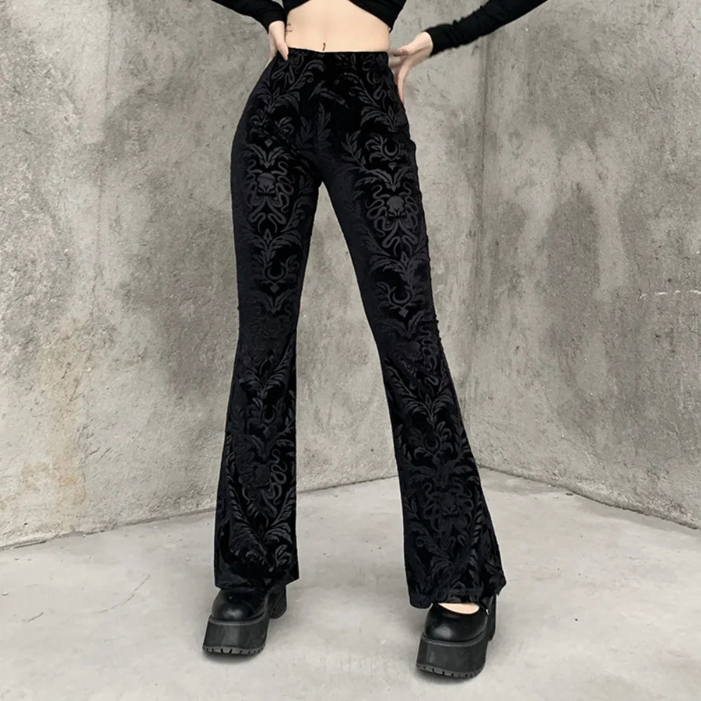 Gothic Floral Print Black Velvet Long Pants Bellbottom Bootcut Flares Trousers