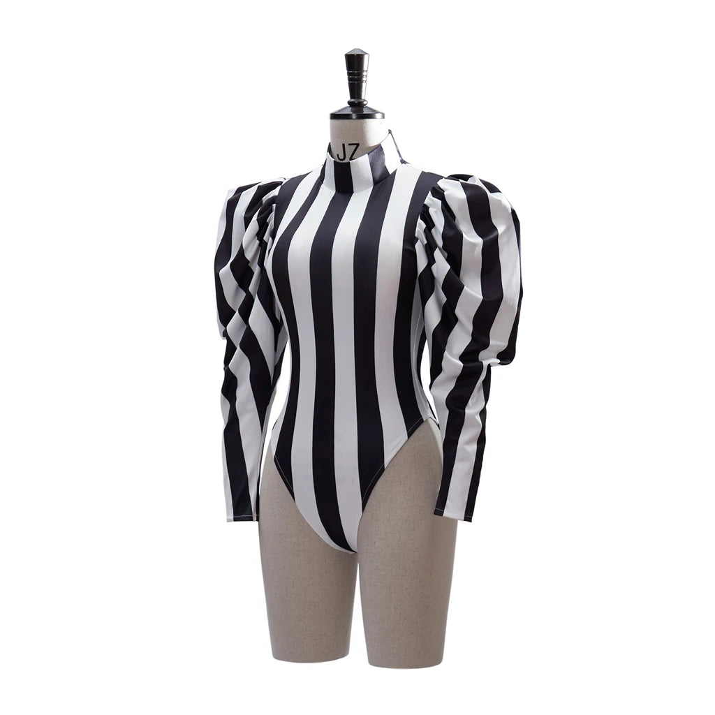 Sexy Gothic Black White Striped Bodysuit Cosplay Halloween Fancy Dress