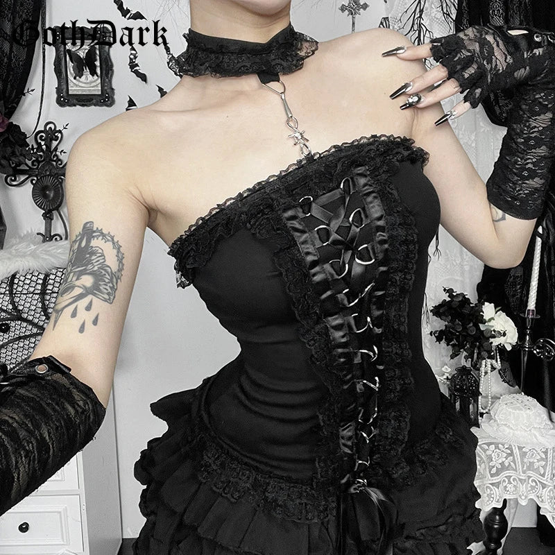 Black Lace Gothic Strapless Bustier Boobtube Corset Top Choker